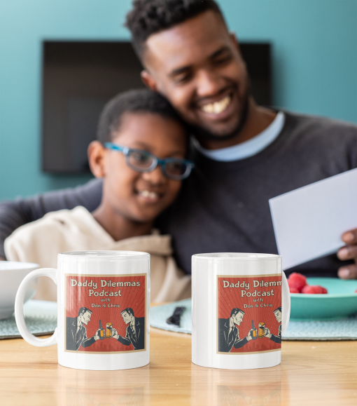 mockup of two mugs placed in front of a dad and his son 33114